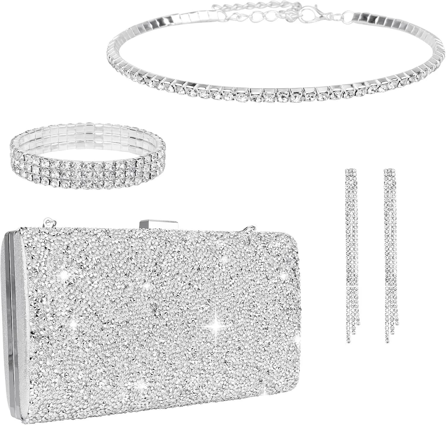 4 Pcs Silver Jewelry Set,Clutch Purses for Women Evening,Prom Accessories,Bling Rhinestone Necklace Bracelets Earrings