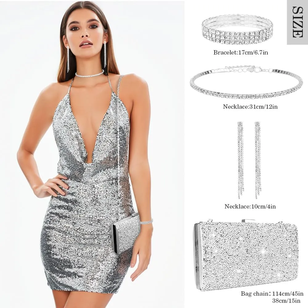 4 Pcs Silver Jewelry Set,Clutch Purses for Women Evening,Prom Accessories,Bling Rhinestone Necklace Bracelets Earrings
