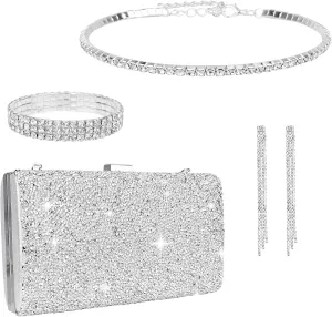 4 Pcs Silver Jewelry Set,Clutch Purses for Women Evening,Prom Accessories,Bling Rhinestone Necklace Bracelets Earrings