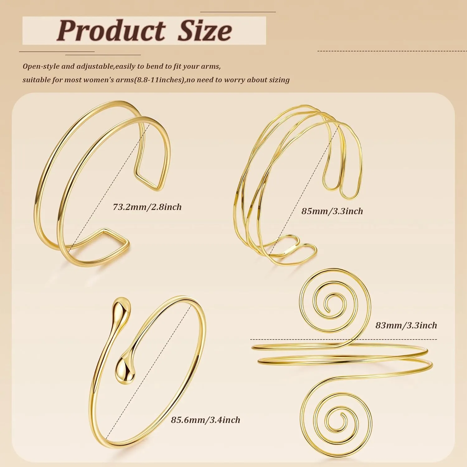 4PCS Upper Arm Cuff Bracelets for Women Gold Silver Cuff Bangle Bracelet Adjustable Upper Arm Bands Armband Set Simple Open Armlet