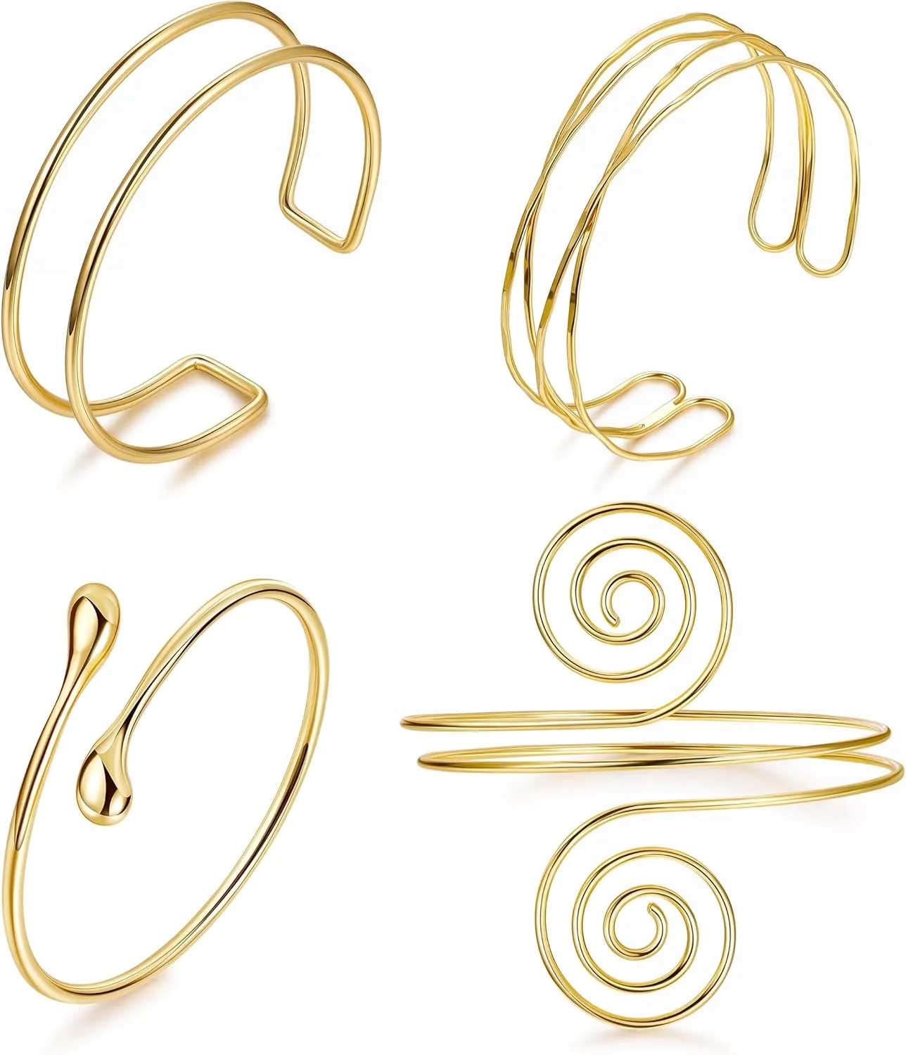 4PCS Upper Arm Cuff Bracelets for Women Gold Silver Cuff Bangle Bracelet Adjustable Upper Arm Bands Armband Set Simple Open Armlet