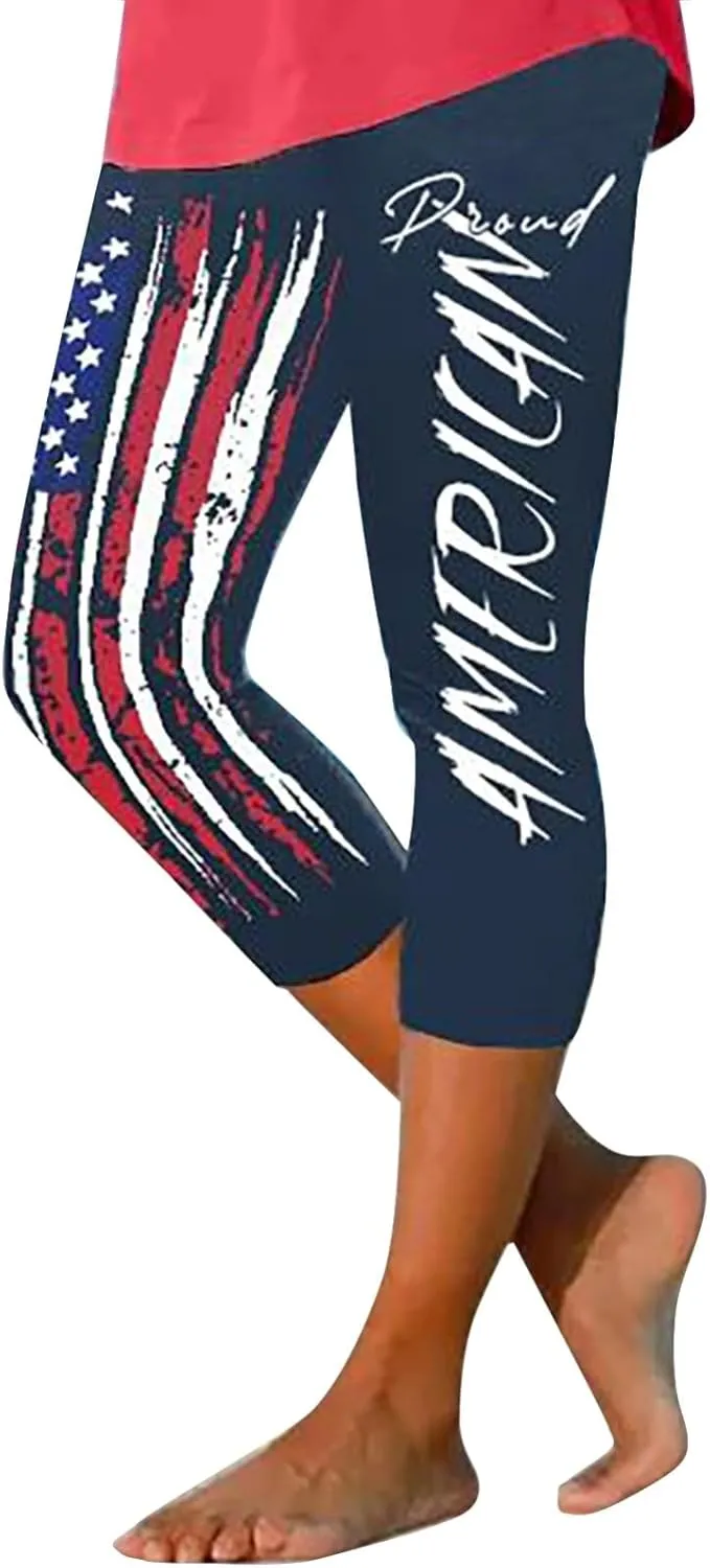 4th of July Capri Leggings for Women Plus Size Summer High Waist American Flag Yoga Pants Patriotic Cropped Trousers