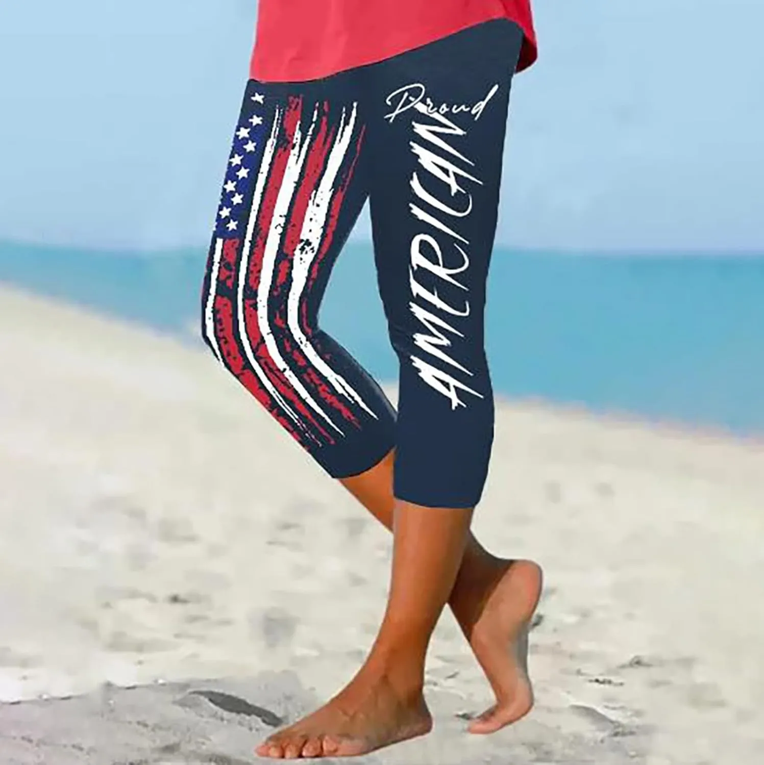 4th of July Capri Leggings for Women Plus Size Summer High Waist American Flag Yoga Pants Patriotic Cropped Trousers