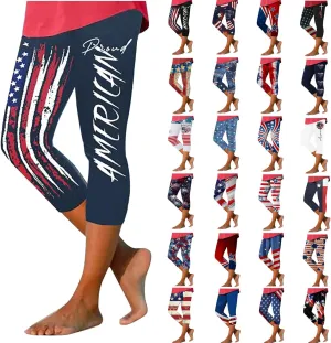 4th of July Capri Leggings for Women Plus Size Summer High Waist American Flag Yoga Pants Patriotic Cropped Trousers