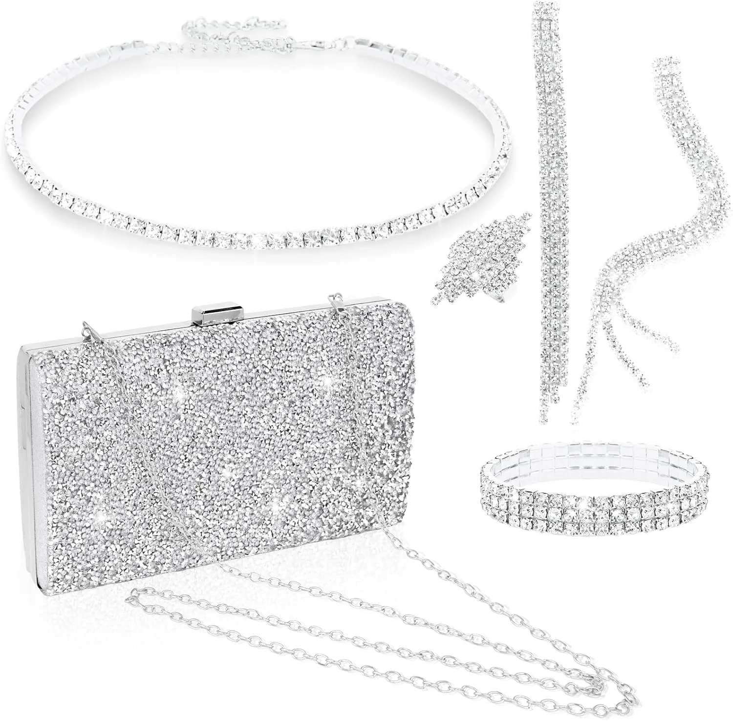 5 Pieces Clutch Purse Rhinestone Jewelry Sets for Women Prom Necklace Earrings Bracelet Ring Bling Glitter Purse Formal Jewelry for Women Evening Wear