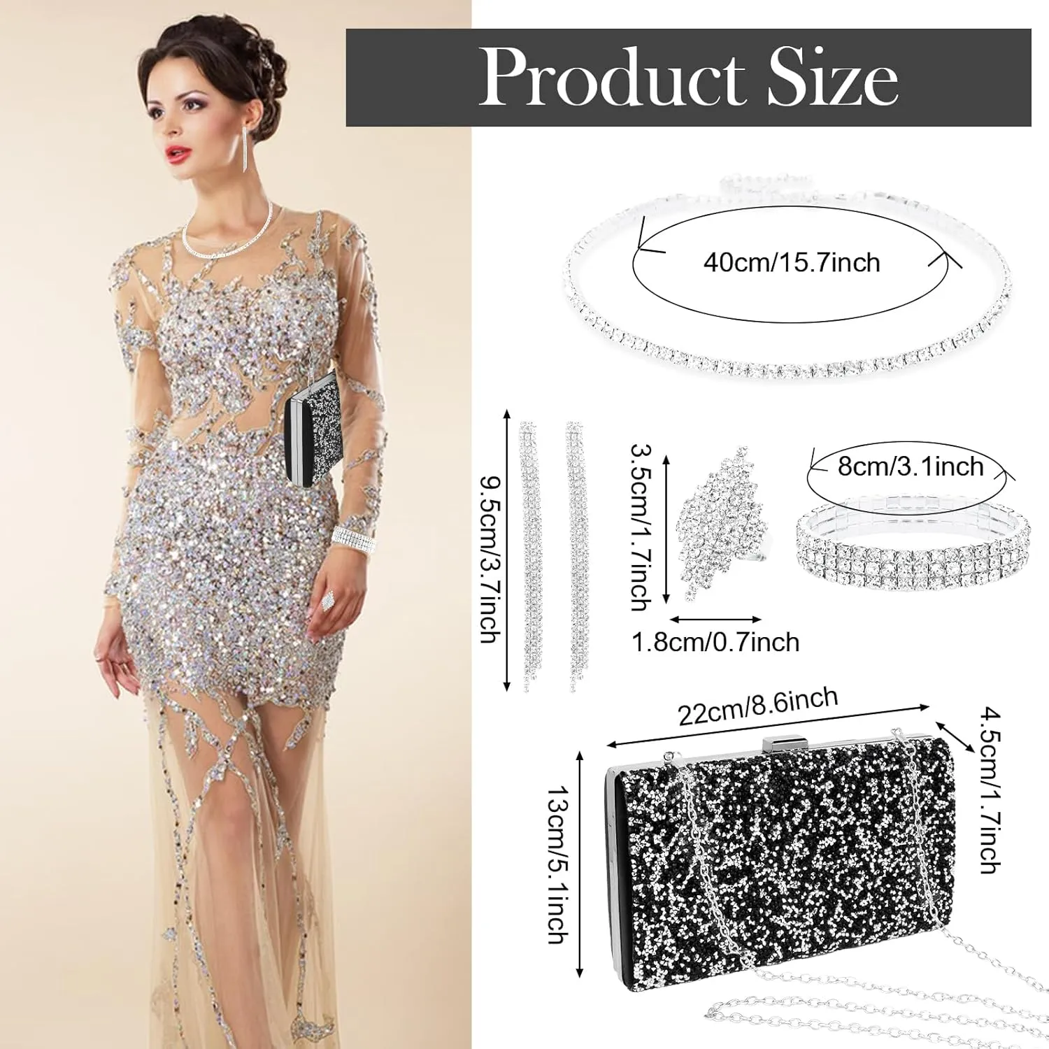 5 Pieces Clutch Purse Rhinestone Jewelry Sets for Women Prom Necklace Earrings Bracelet Ring Bling Glitter Purse Formal Jewelry for Women Evening Wear