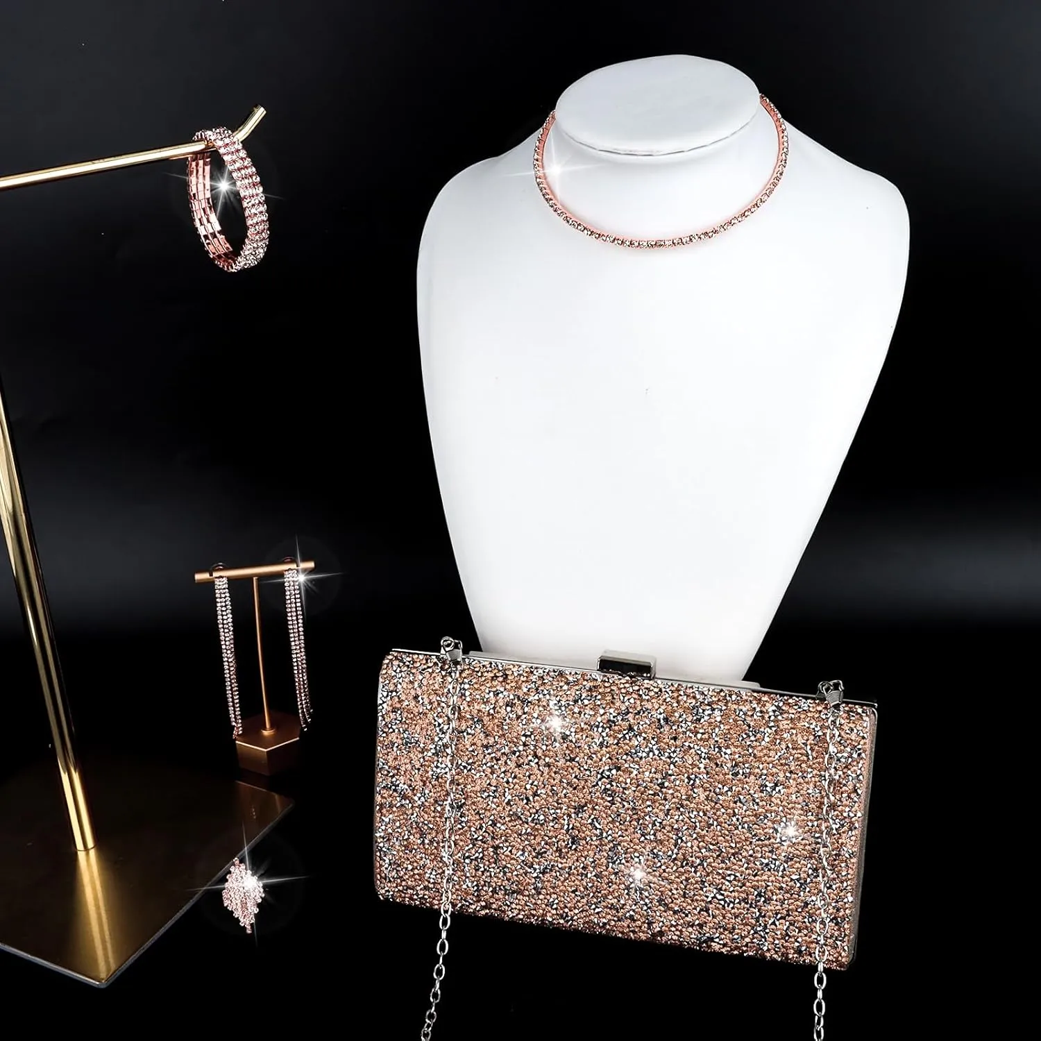 5 Pieces Clutch Purse Rhinestone Jewelry Sets for Women Prom Necklace Earrings Bracelet Ring Bling Glitter Purse Formal Jewelry for Women Evening Wear