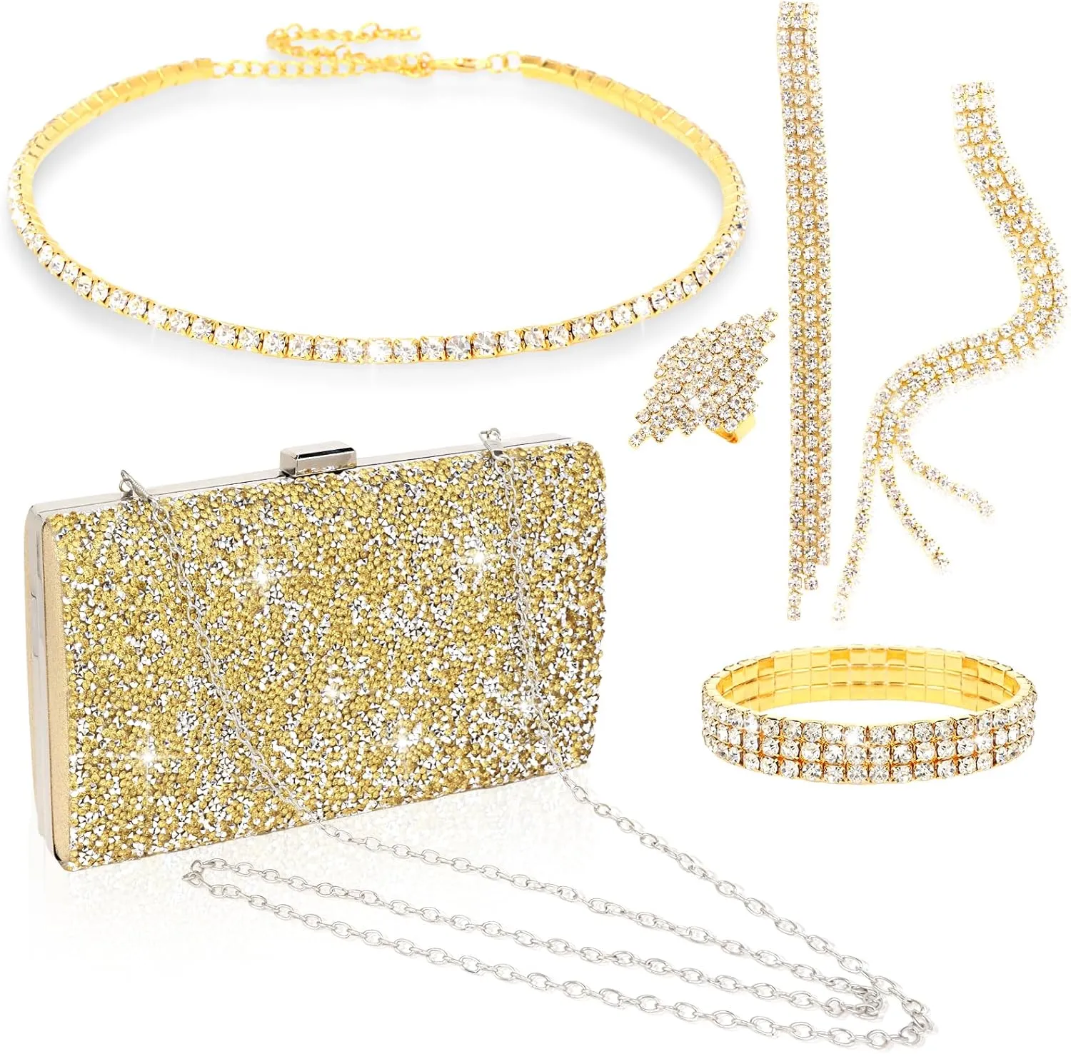 5 Pieces Clutch Purse Rhinestone Jewelry Sets for Women Prom Necklace Earrings Bracelet Ring Bling Glitter Purse Formal Jewelry for Women Evening Wear