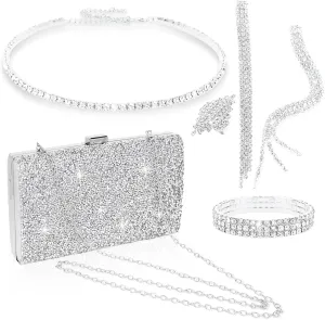 5 Pieces Clutch Purse Rhinestone Jewelry Sets for Women Prom Necklace Earrings Bracelet Ring Bling Glitter Purse Formal Jewelry for Women Evening Wear