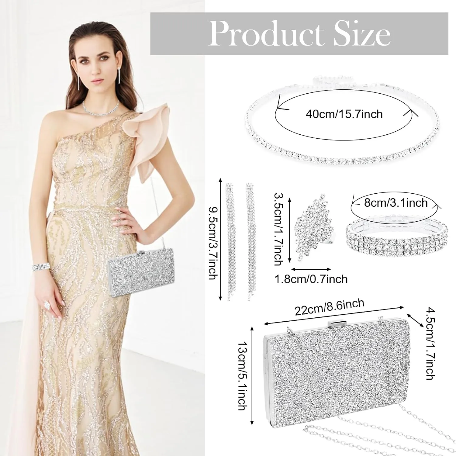 5 Pieces Clutch Purse Rhinestone Jewelry Sets for Women Prom Necklace Earrings Bracelet Ring Bling Glitter Purse Formal Jewelry for Women Evening Wear