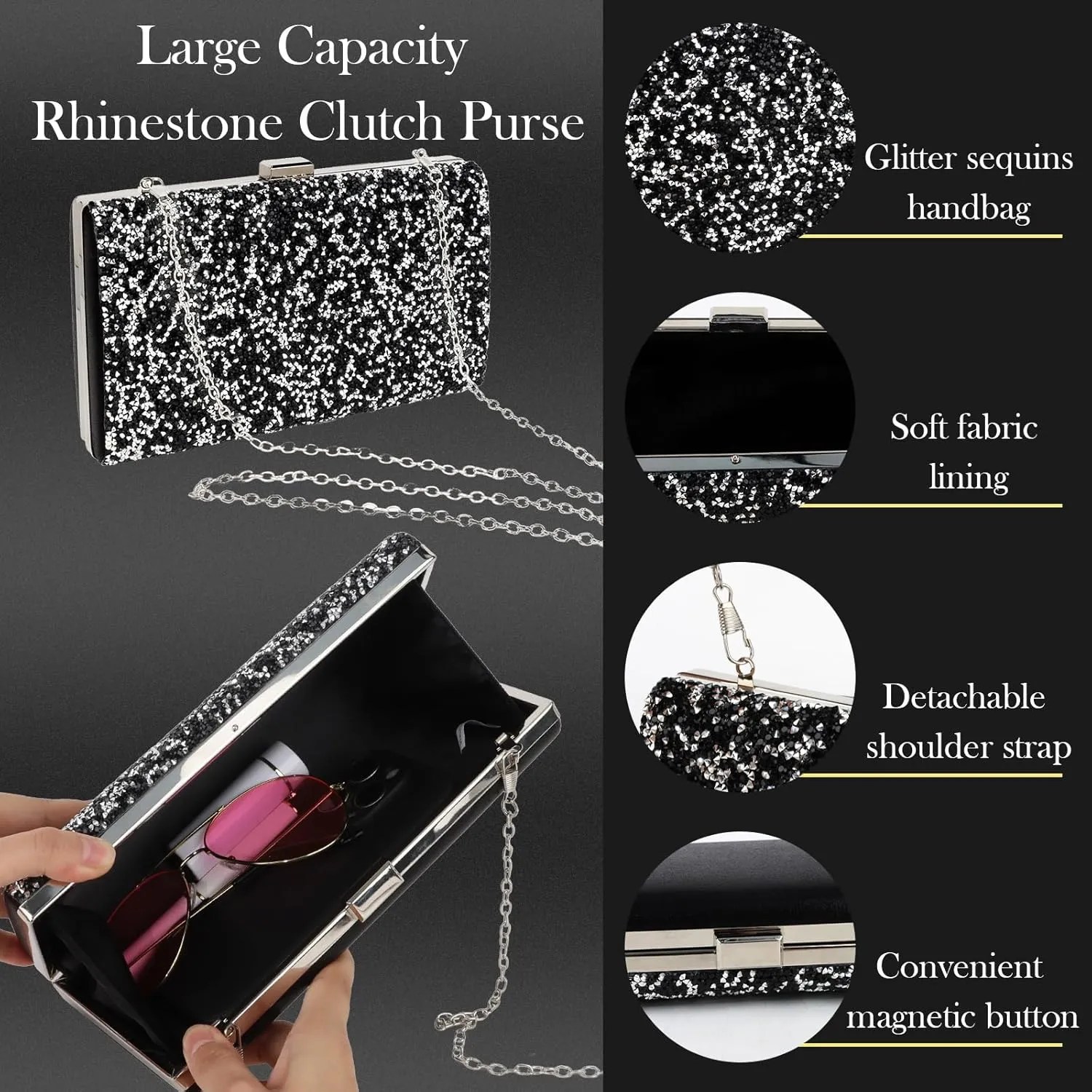 5 Pieces Clutch Purse Rhinestone Jewelry Sets for Women Prom Necklace Earrings Bracelet Ring Bling Glitter Purse Formal Jewelry for Women Evening Wear