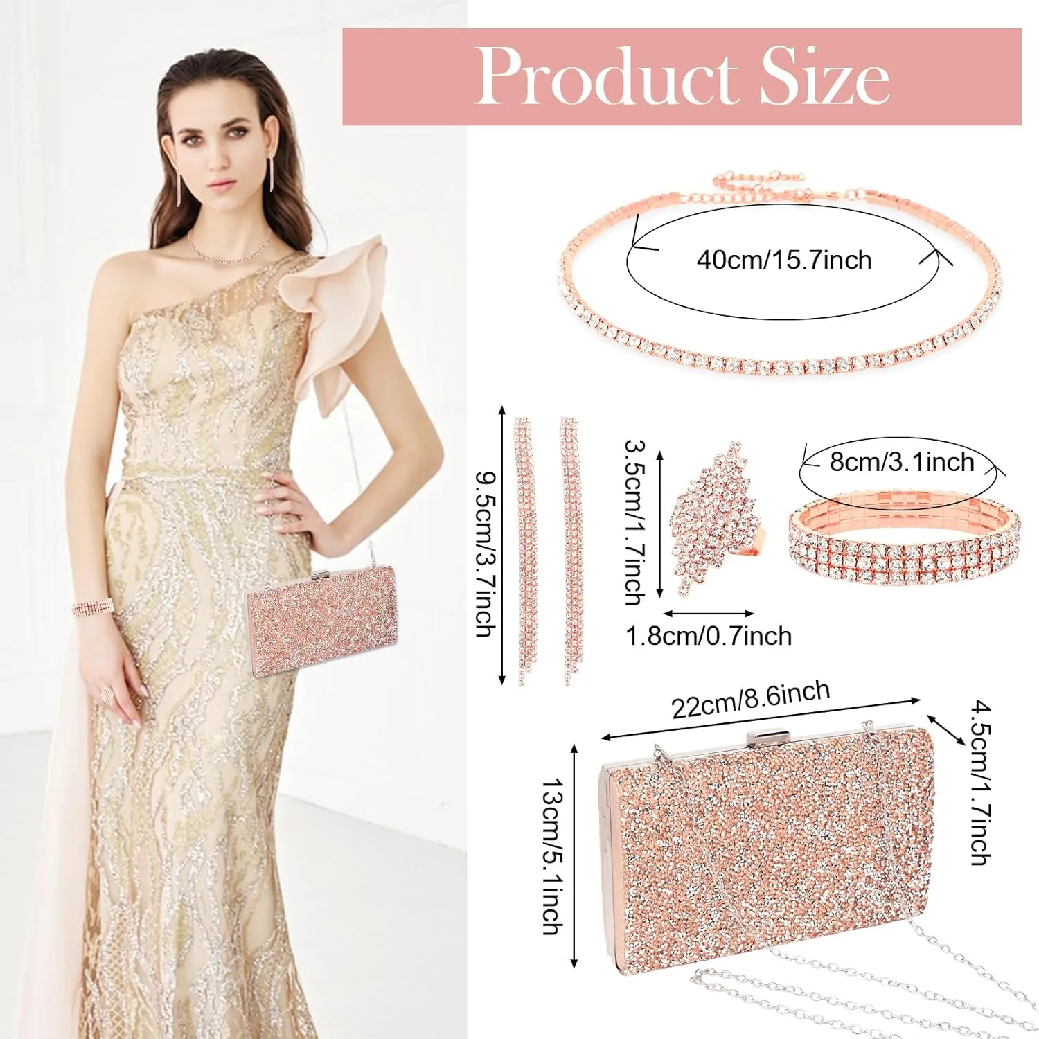 5 Pieces Clutch Purse Rhinestone Jewelry Sets for Women Prom Necklace Earrings Bracelet Ring Bling Glitter Purse Formal Jewelry for Women Evening Wear