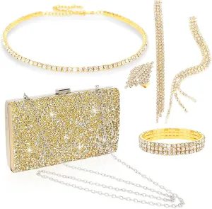5 Pieces Clutch Purse Rhinestone Jewelry Sets for Women Prom Necklace Earrings Bracelet Ring Bling Glitter Purse Formal Jewelry for Women Evening Wear