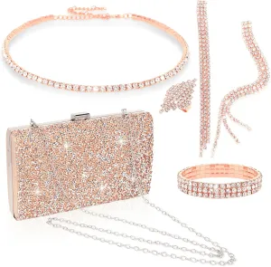 5 Pieces Clutch Purse Rhinestone Jewelry Sets for Women Prom Necklace Earrings Bracelet Ring Bling Glitter Purse Formal Jewelry for Women Evening Wear