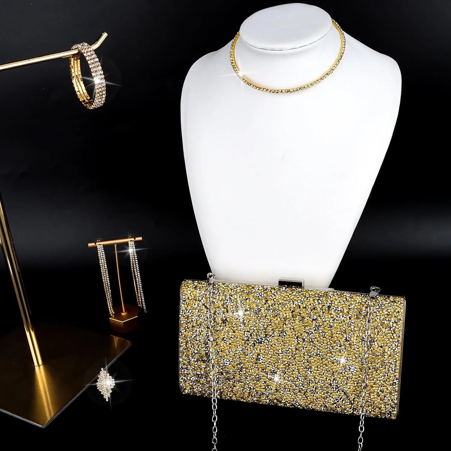 5 Pieces Clutch Purse Rhinestone Jewelry Sets for Women Prom Necklace Earrings Bracelet Ring Bling Glitter Purse Formal Jewelry for Women Evening Wear