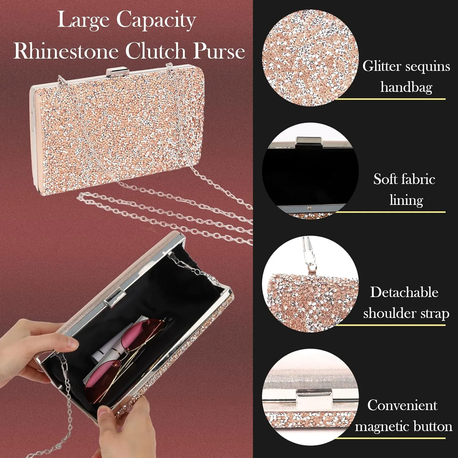 5 Pieces Clutch Purse Rhinestone Jewelry Sets for Women Prom Necklace Earrings Bracelet Ring Bling Glitter Purse Formal Jewelry for Women Evening Wear