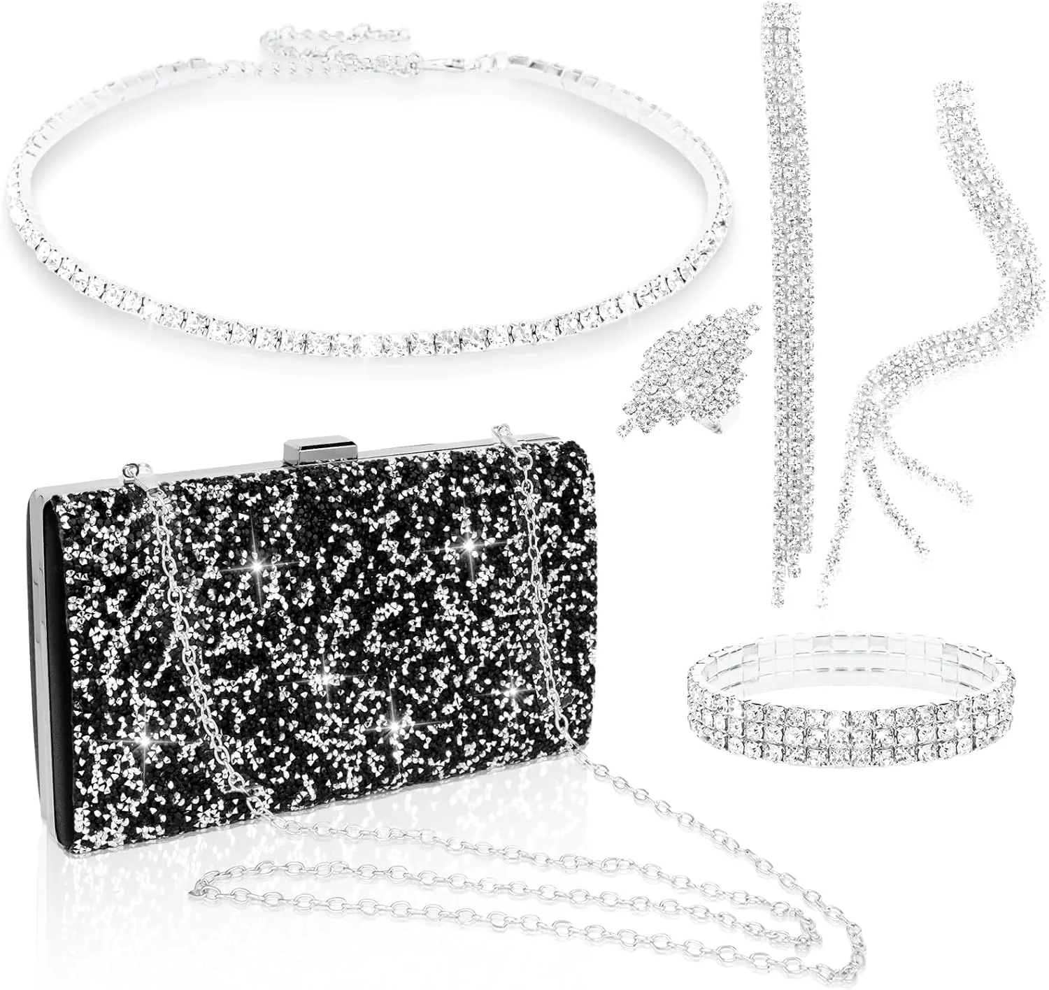 5 Pieces Clutch Purse Rhinestone Jewelry Sets for Women Prom Necklace Earrings Bracelet Ring Bling Glitter Purse Formal Jewelry for Women Evening Wear
