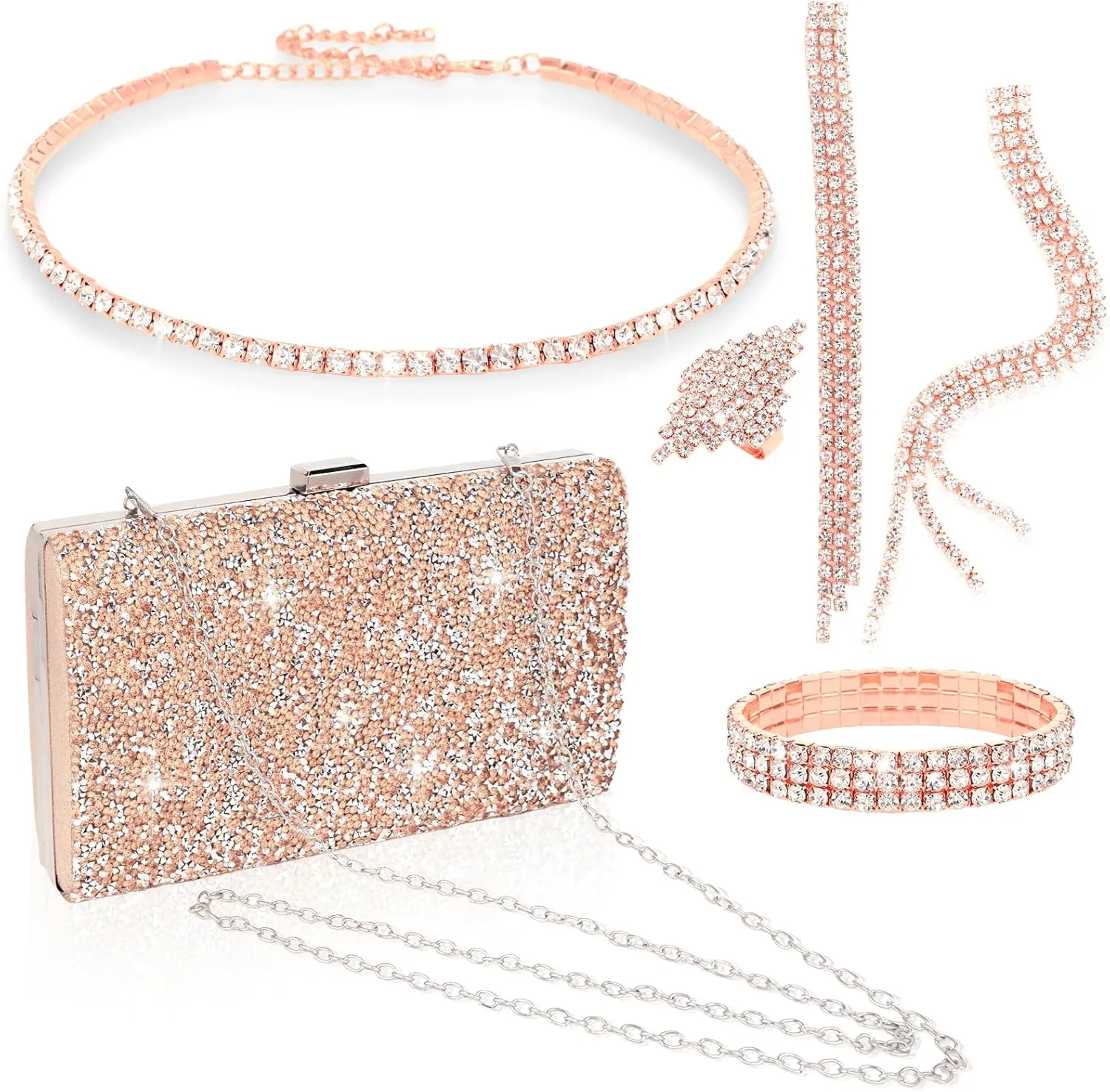 5 Pieces Clutch Purse Rhinestone Jewelry Sets for Women Prom Necklace Earrings Bracelet Ring Bling Glitter Purse Formal Jewelry for Women Evening Wear
