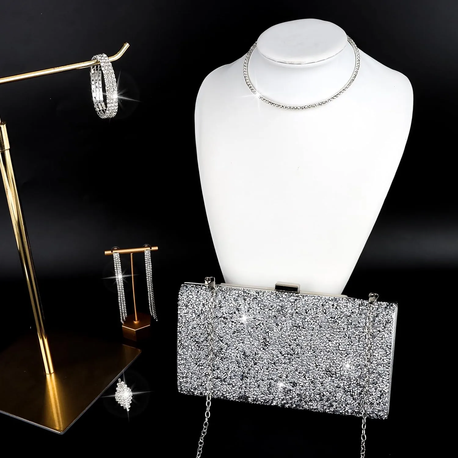 5 Pieces Clutch Purse Rhinestone Jewelry Sets for Women Prom Necklace Earrings Bracelet Ring Bling Glitter Purse Formal Jewelry for Women Evening Wear
