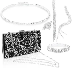 5 Pieces Clutch Purse Rhinestone Jewelry Sets for Women Prom Necklace Earrings Bracelet Ring Bling Glitter Purse Formal Jewelry for Women Evening Wear