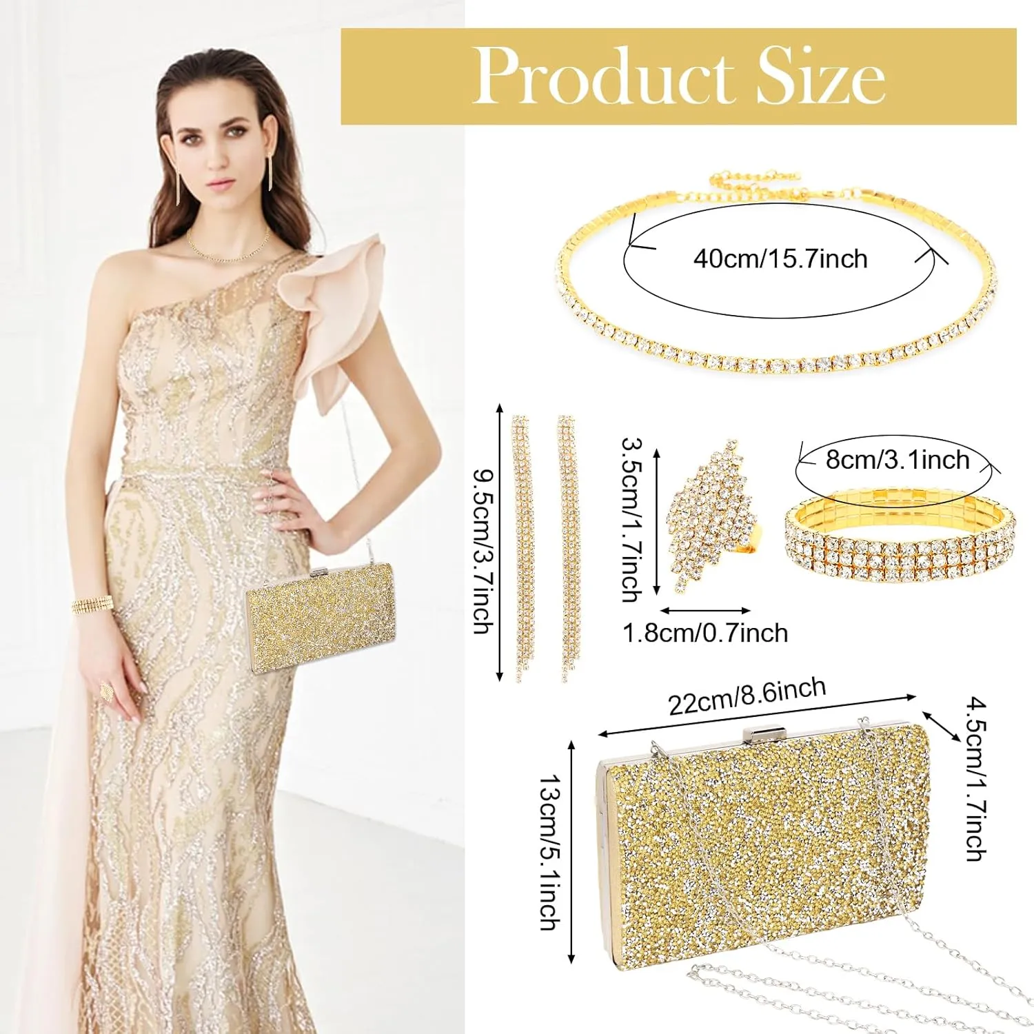 5 Pieces Clutch Purse Rhinestone Jewelry Sets for Women Prom Necklace Earrings Bracelet Ring Bling Glitter Purse Formal Jewelry for Women Evening Wear