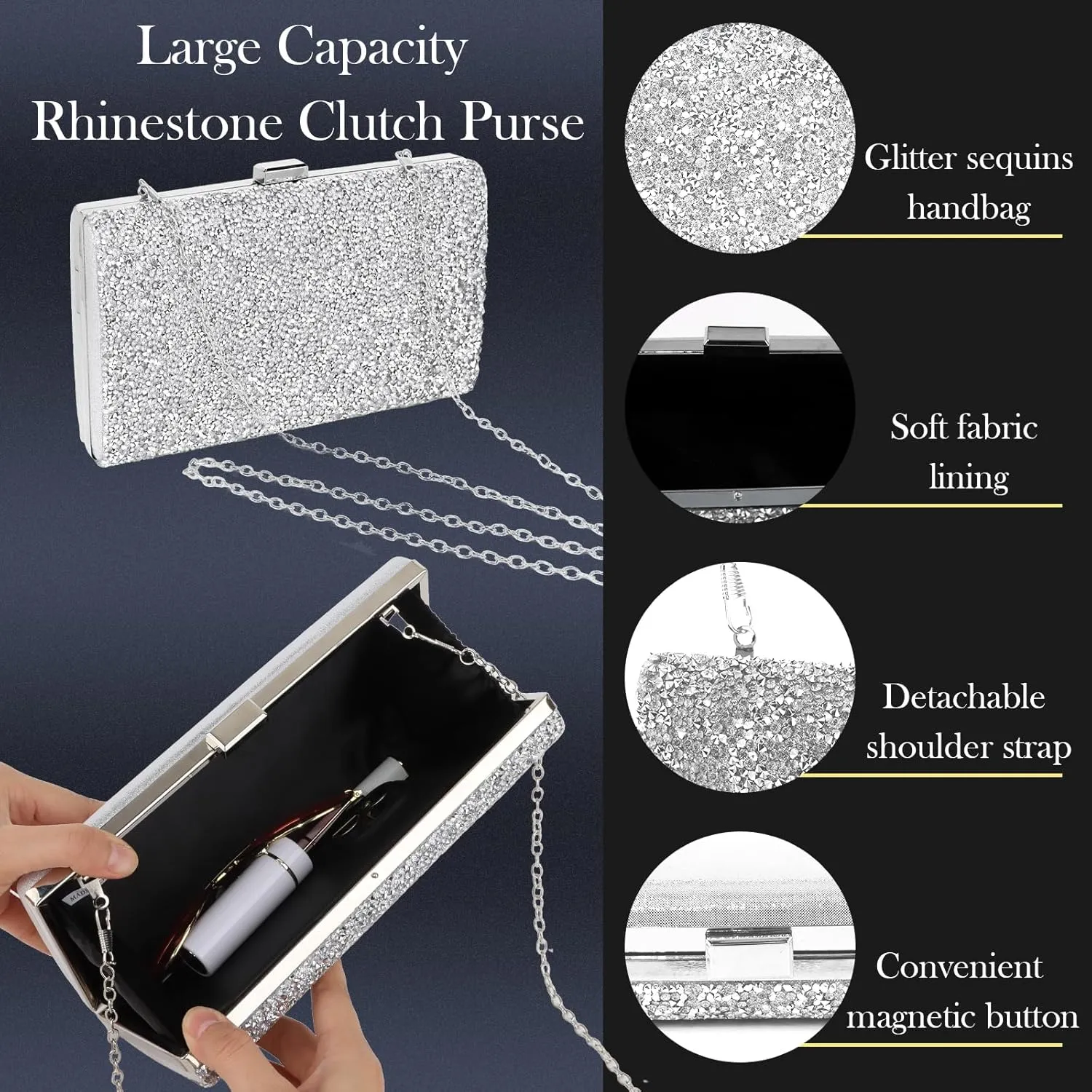 5 Pieces Clutch Purse Rhinestone Jewelry Sets for Women Prom Necklace Earrings Bracelet Ring Bling Glitter Purse Formal Jewelry for Women Evening Wear