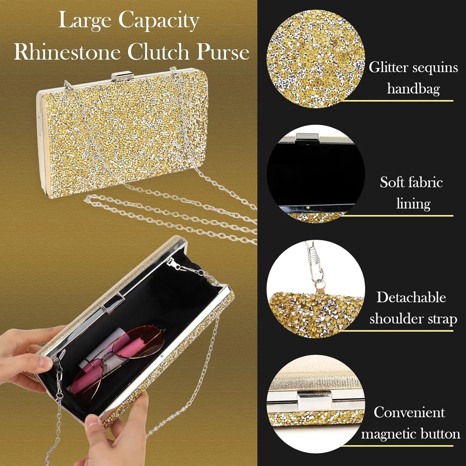 5 Pieces Clutch Purse Rhinestone Jewelry Sets for Women Prom Necklace Earrings Bracelet Ring Bling Glitter Purse Formal Jewelry for Women Evening Wear