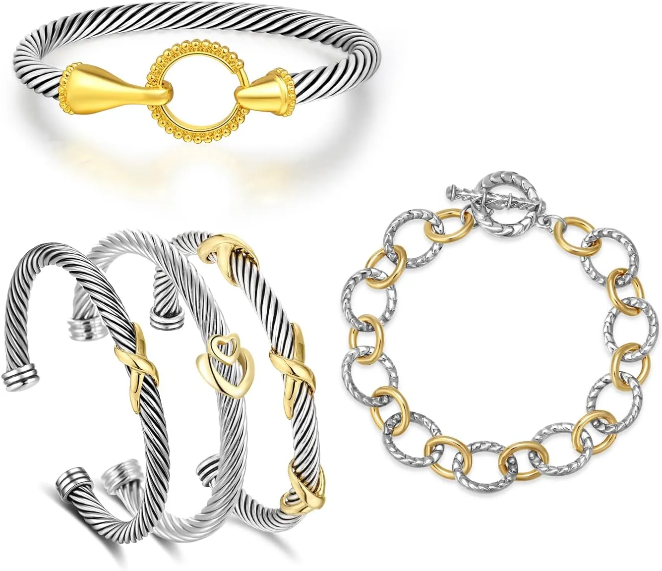 5PCS Twisted Cable Cuff Bracelets for Women Set, Trendy Two Tone Bracelets Gold and Silver Chain Bangle Mixed Metal Designer Dupes Jewelry for Her