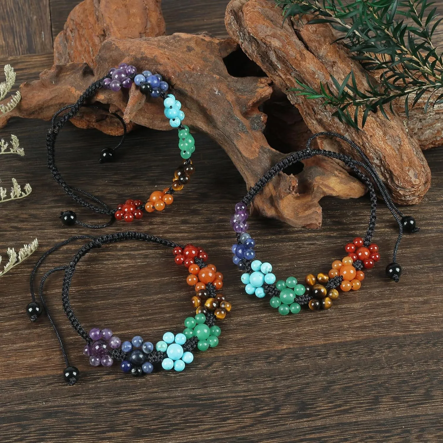 7 Chakra Crystal Stone Beads Bracelet, Adjustable Handmade Braided Healing Crystals Bracelets
