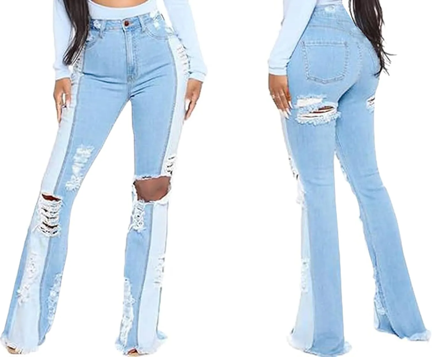 70s Bell Bottom Jeans for Women Elastic High Waisted Raw Hem Denim Pants Classic Vintage Flared Jeans