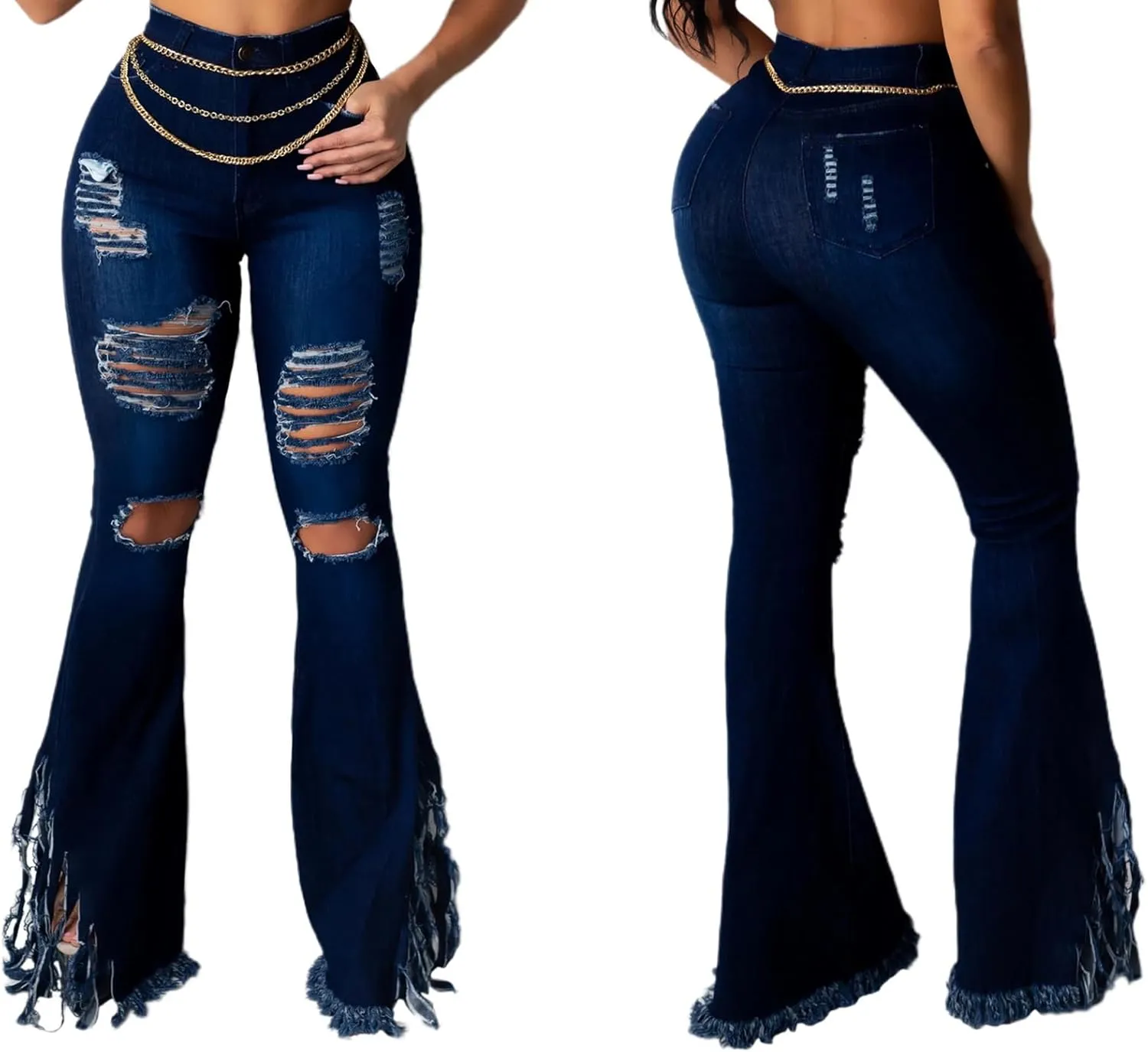 70s Bell Bottom Jeans for Women Elastic High Waisted Raw Hem Denim Pants Classic Vintage Flared Jeans