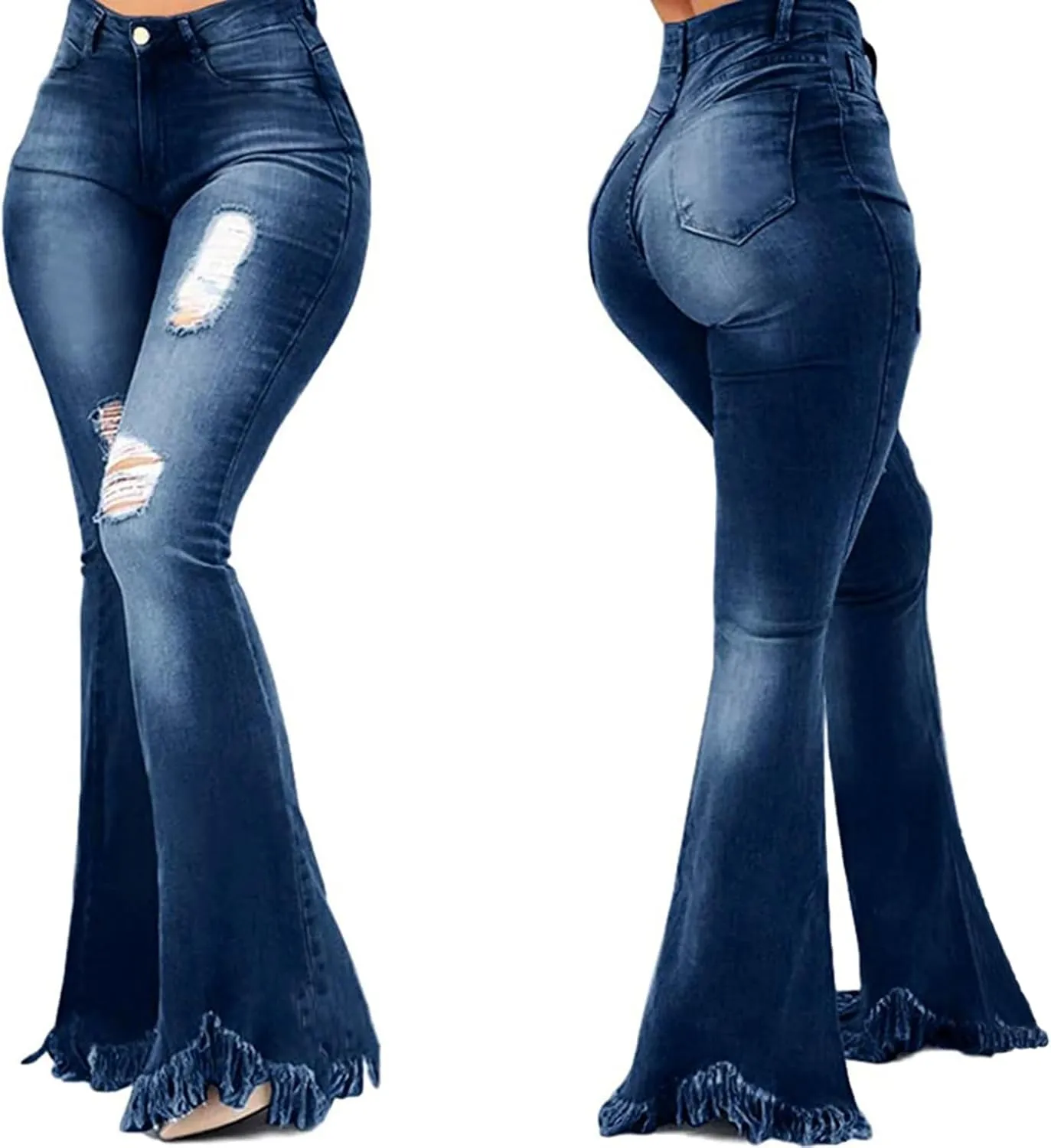 70s Bell Bottom Jeans for Women Elastic High Waisted Raw Hem Denim Pants Classic Vintage Flared Jeans