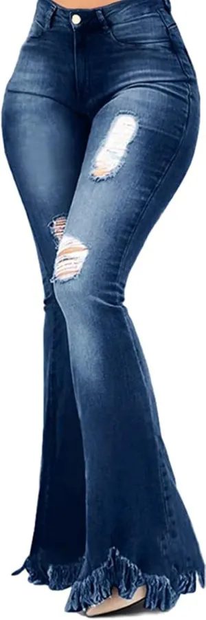 70s Bell Bottom Jeans for Women Elastic High Waisted Raw Hem Denim Pants Classic Vintage Flared Jeans