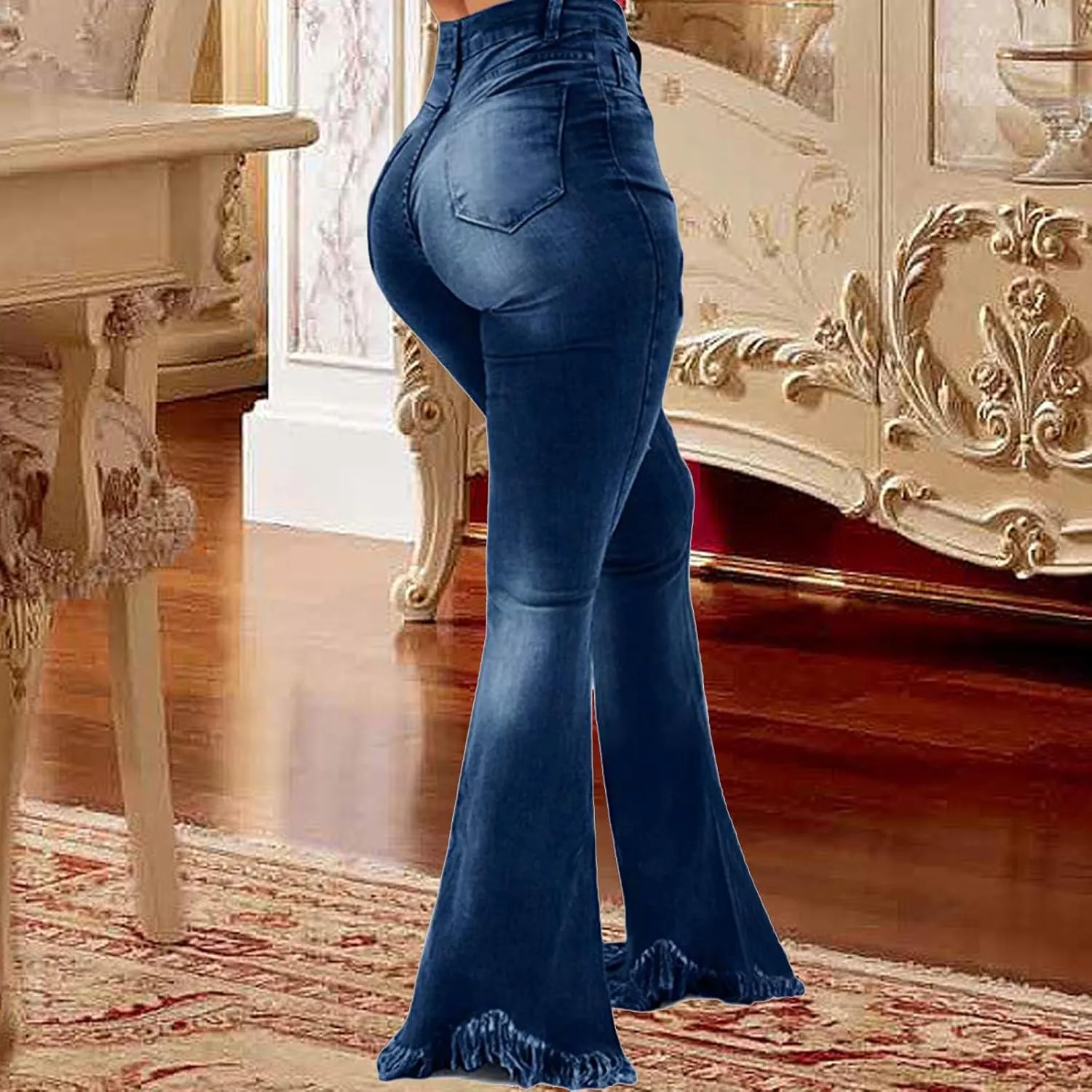 70s Bell Bottom Jeans for Women Elastic High Waisted Raw Hem Denim Pants Classic Vintage Flared Jeans