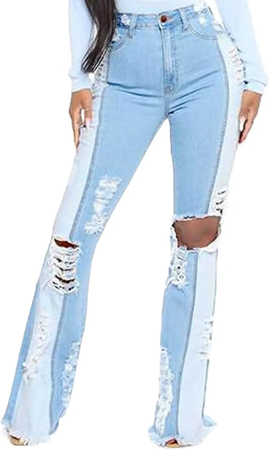 70s Bell Bottom Jeans for Women Elastic High Waisted Raw Hem Denim Pants Classic Vintage Flared Jeans