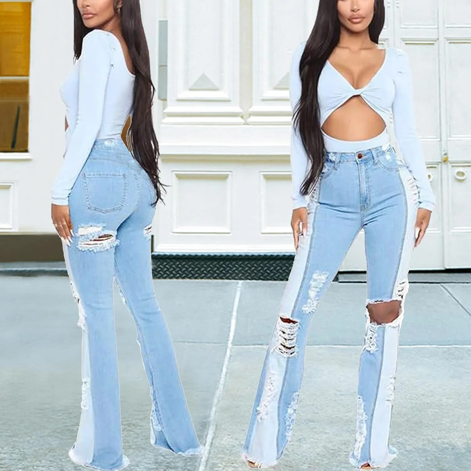 70s Bell Bottom Jeans for Women Elastic High Waisted Raw Hem Denim Pants Classic Vintage Flared Jeans