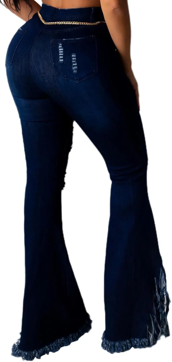 70s Bell Bottom Jeans for Women Elastic High Waisted Raw Hem Denim Pants Classic Vintage Flared Jeans