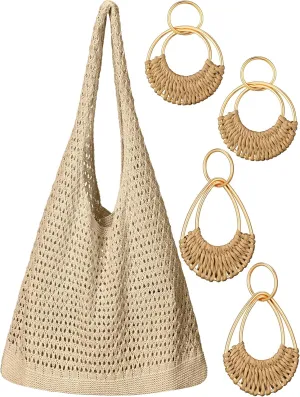 Abbylike Beach Totes Bags for Women Canvas Beach Bags with 2 Pairs Rattan Earrings Tropical Vacation Outfits for Women