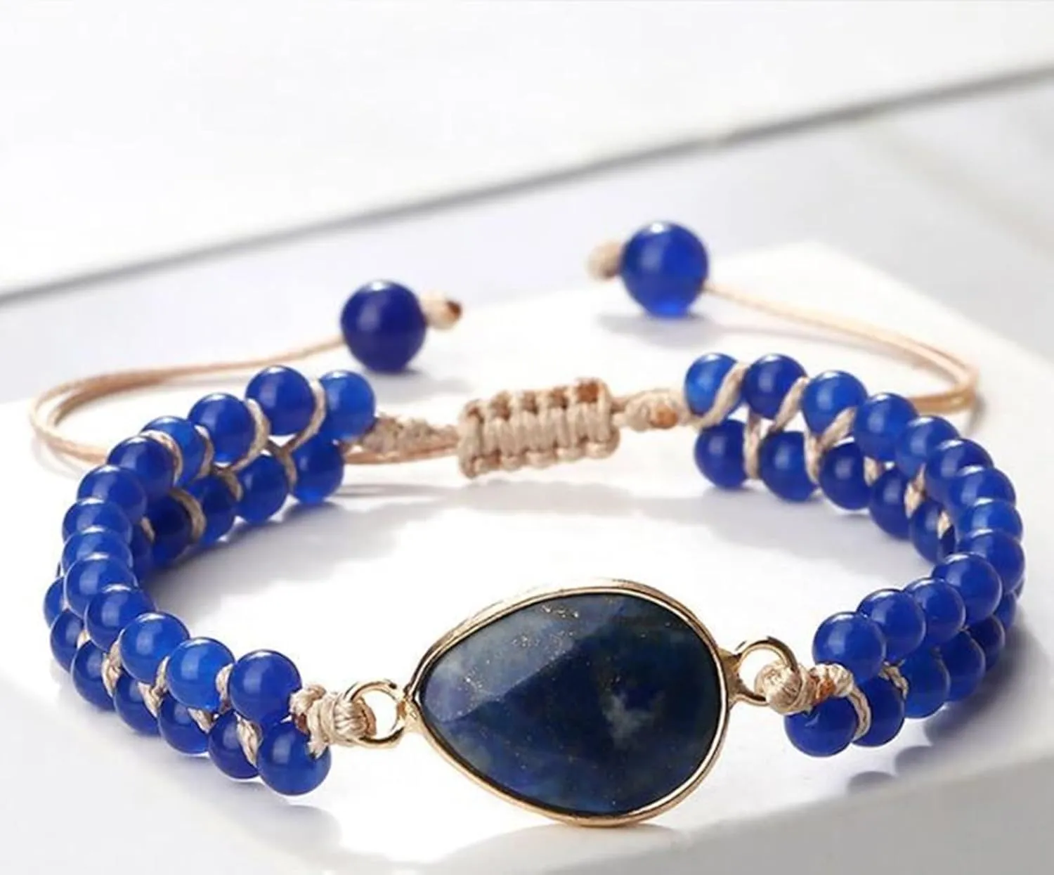 Aienid 4mm Stone Bracelets Crystal Bracelets Spiritual Nature Stones Dark Blue Round Beads Adjustable Woven Stretchy 17cm x 7mm 1PCS for Birthday