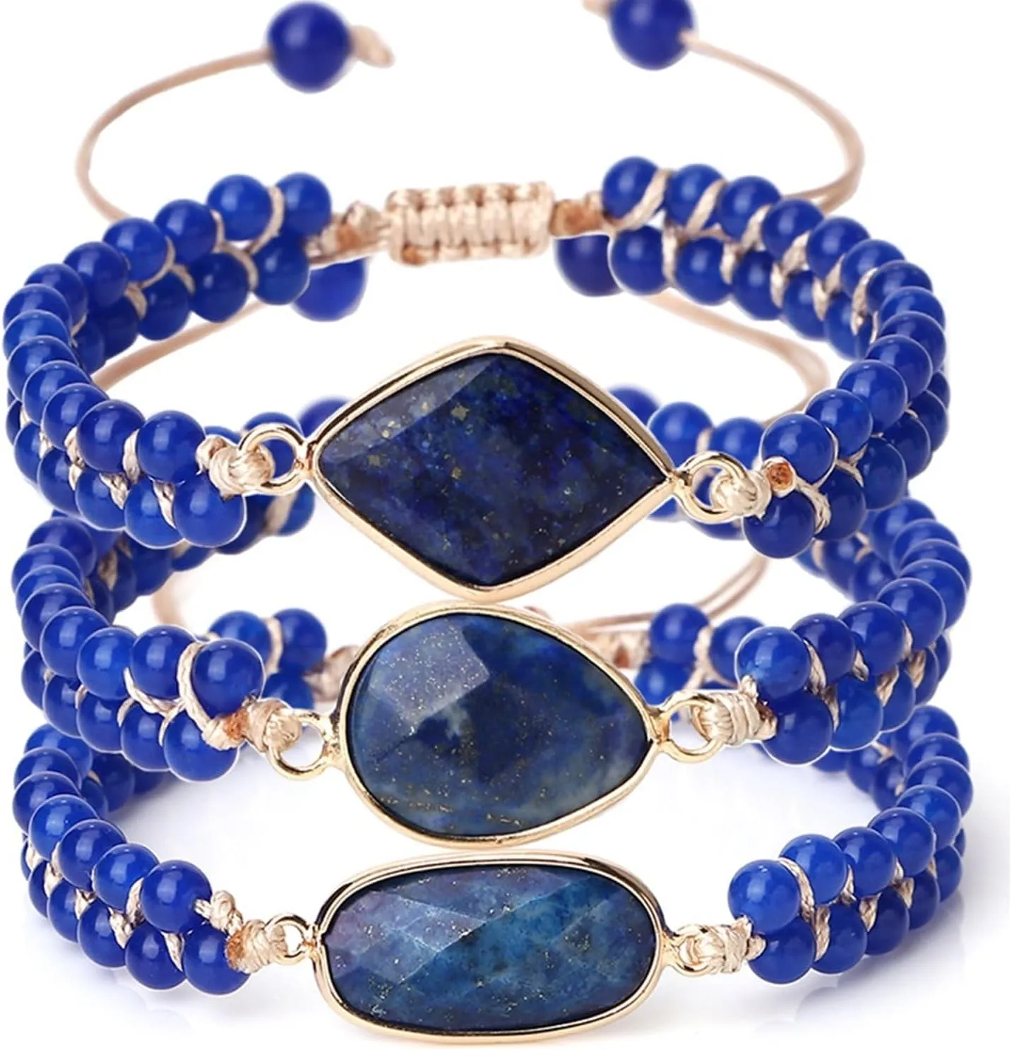 Aienid 4mm Stone Bracelets Crystal Bracelets Spiritual Nature Stones Dark Blue Round Beads Adjustable Woven Stretchy 17cm x 7mm 1PCS for Birthday