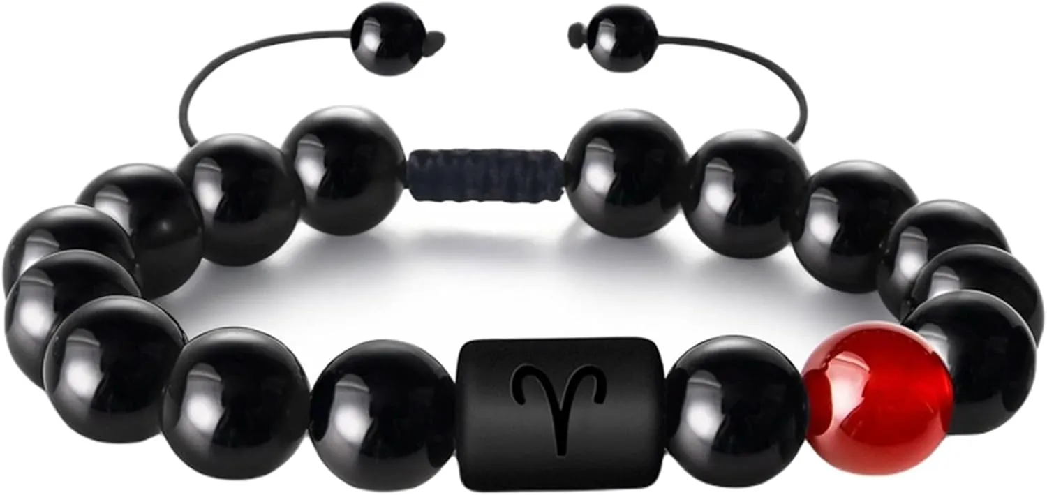 Aienid Weave Bracelet for Men, Natural Agate Bracelet Black Agate Constellation Braided Beaded Bracelet Nature Stone for Women New Year Jewelry
