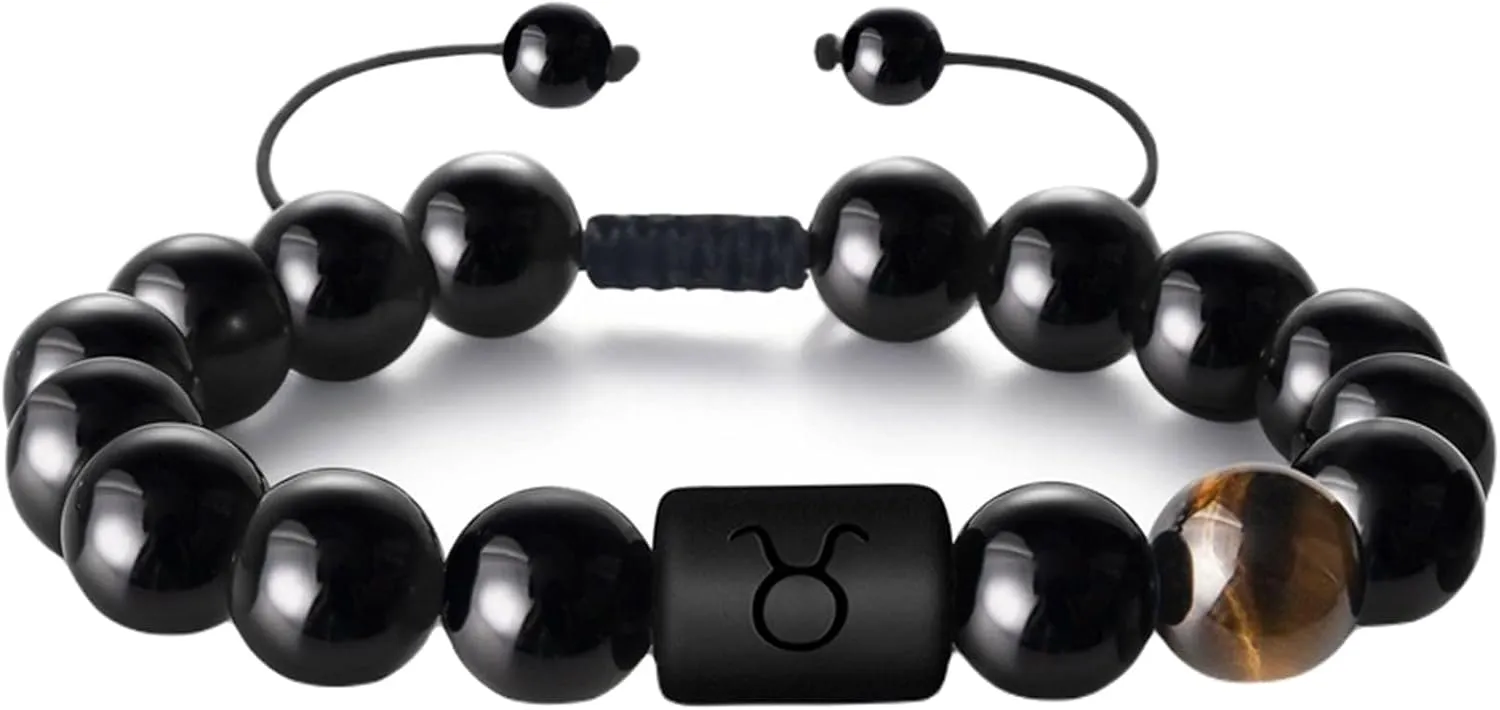 Aienid Weave Bracelet for Men, Natural Agate Bracelet Black Agate Constellation Braided Beaded Bracelet Nature Stone for Women New Year Jewelry