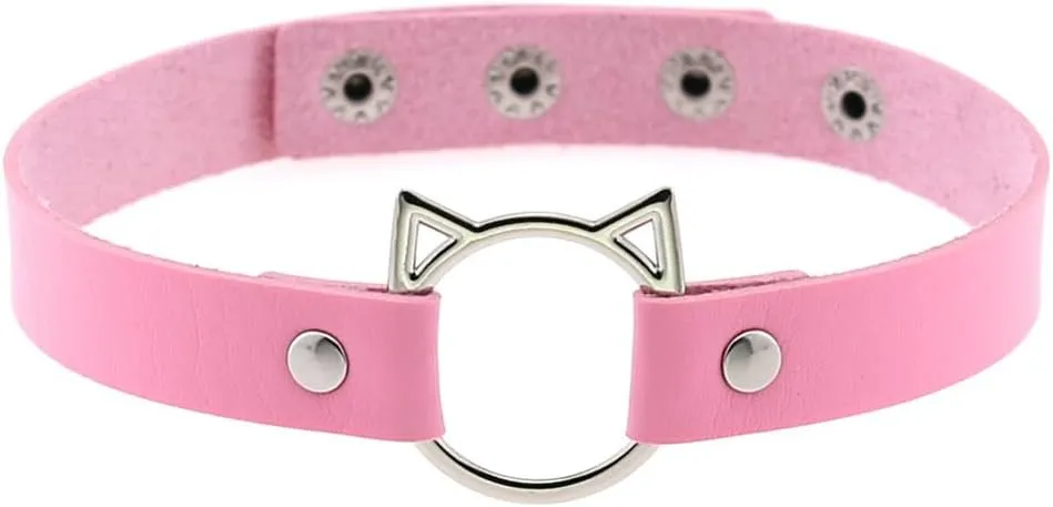 AKOAK 1 Pack Cat Shape Leather Choker Necklace, Soft PU Collar Chain, Adjustable Gothic PU Leather Chokers, Cat Punk Choker Necklace for Women- Pink