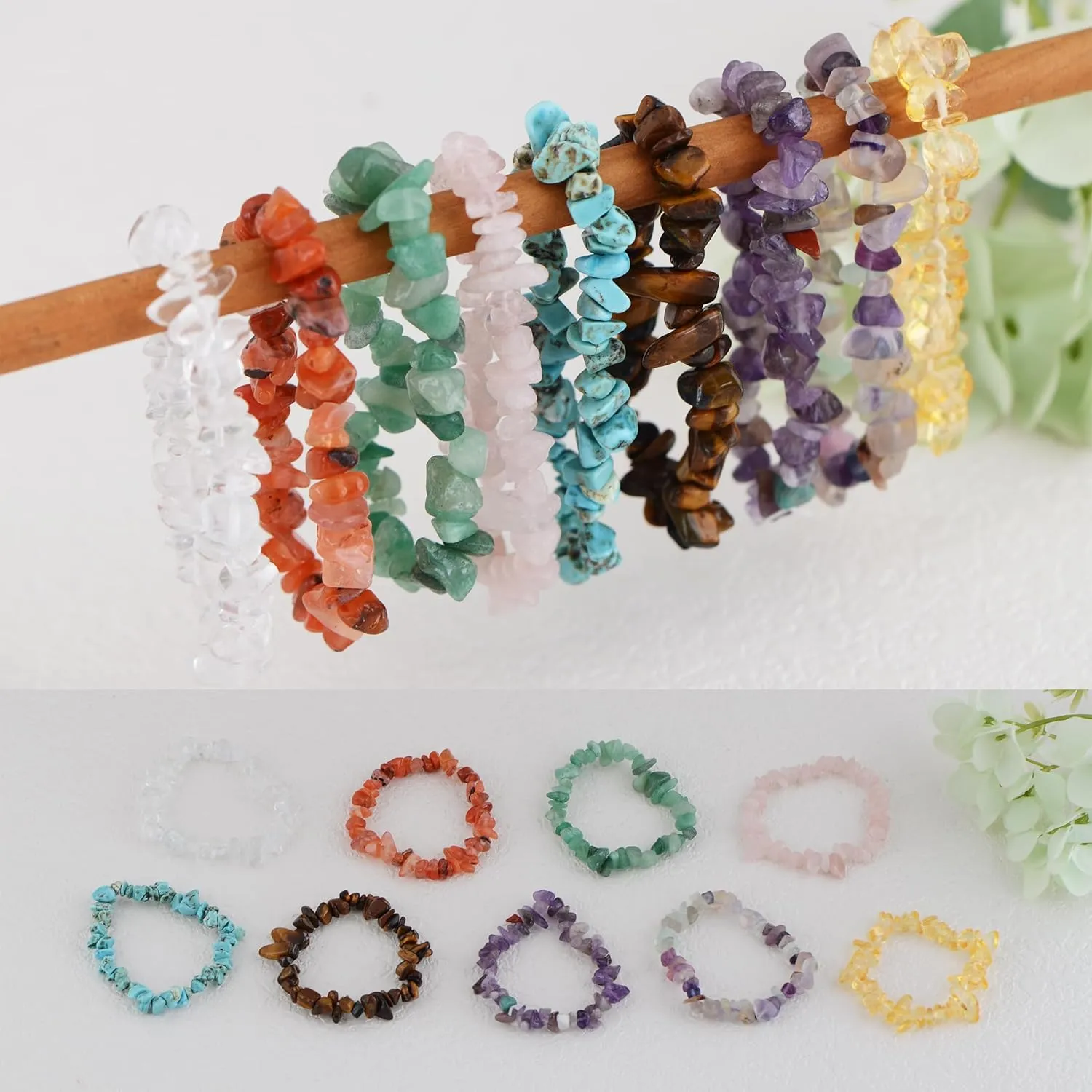 Alilang Natural Stone Chip Bracelet Irregular Gemstone Healing Crystal Quartz Bohemia Stretch Bead Bracelets