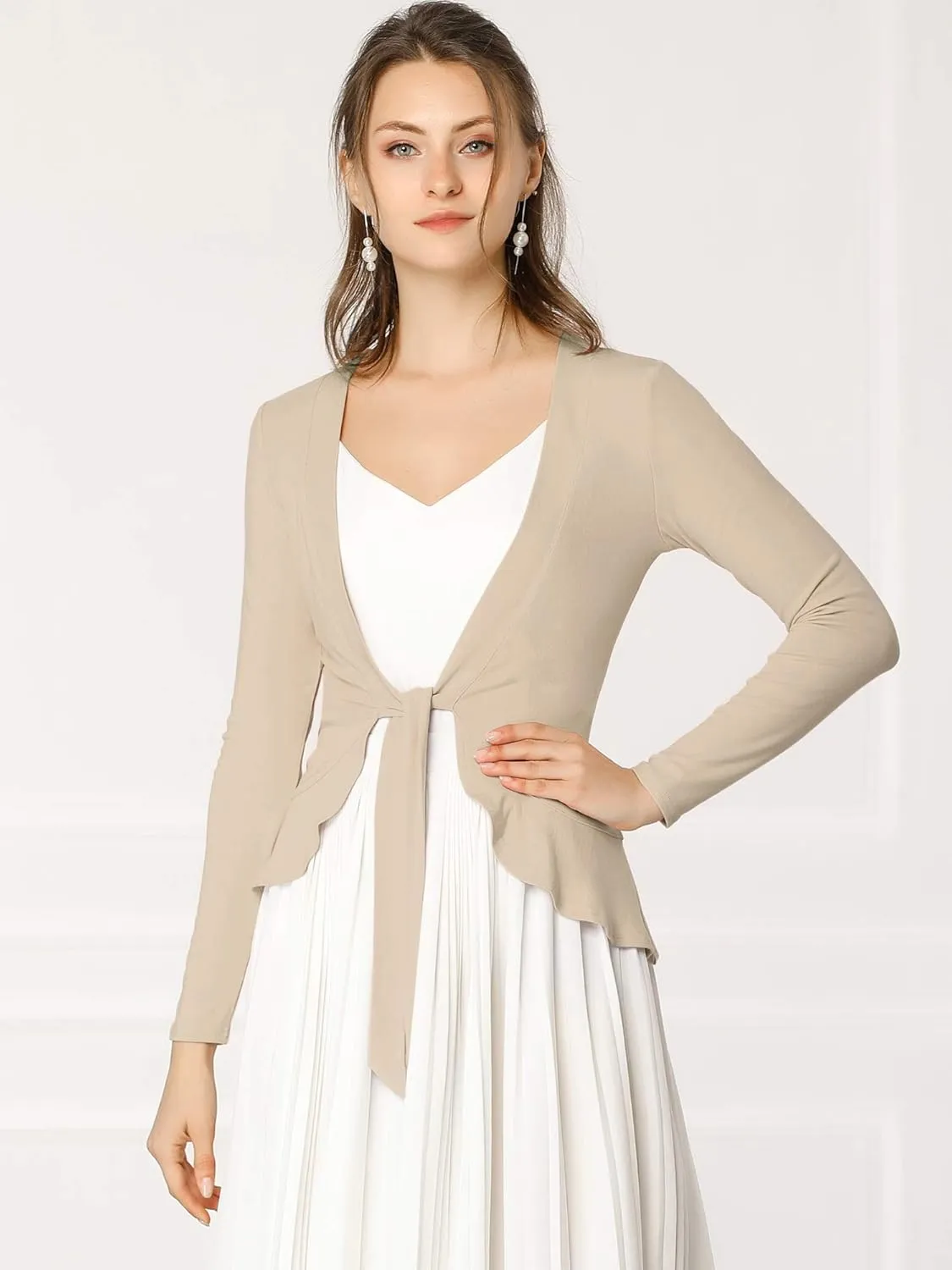 Allegra K Women's Dressy Cardigan Sweaters Tie Front Draped Ruffle Knit Cardigans