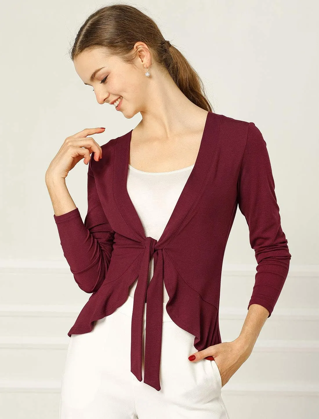 Allegra K Women's Dressy Cardigan Sweaters Tie Front Draped Ruffle Knit Cardigans