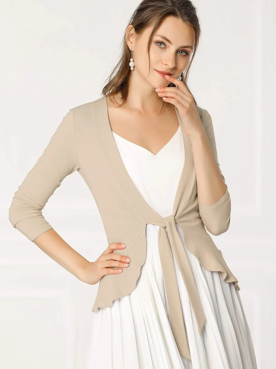 Allegra K Women's Dressy Cardigan Sweaters Tie Front Draped Ruffle Knit Cardigans