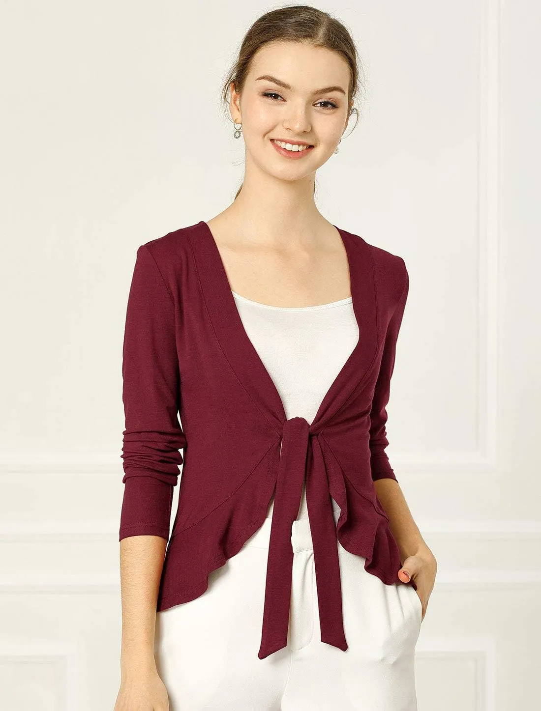 Allegra K Women's Dressy Cardigan Sweaters Tie Front Draped Ruffle Knit Cardigans