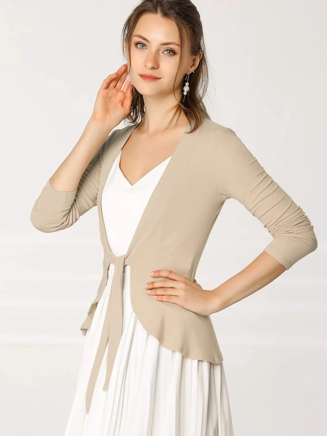 Allegra K Women's Dressy Cardigan Sweaters Tie Front Draped Ruffle Knit Cardigans