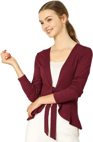 Allegra K Women's Dressy Cardigan Sweaters Tie Front Draped Ruffle Knit Cardigans